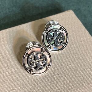 Tory Burch Silver Mother Of Pearl Logo Stud Earrings